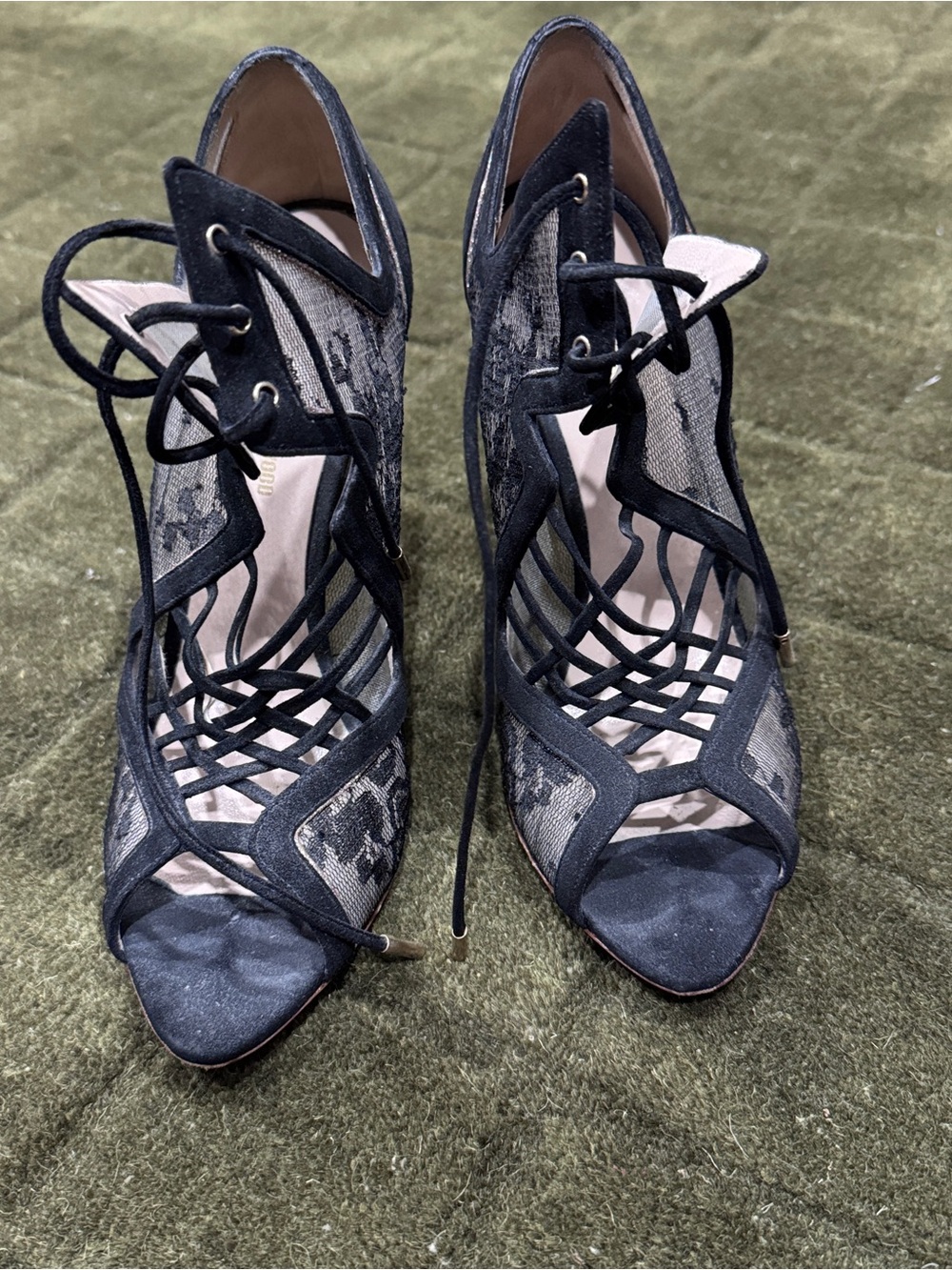Nicholas Kirkwood Black Suede and Lace Lace-Up Peep-Toe Stiletto - 39 - Picture 2 of 13